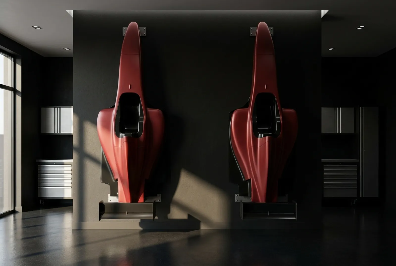 Two half-car replicas mounted on a garage wall