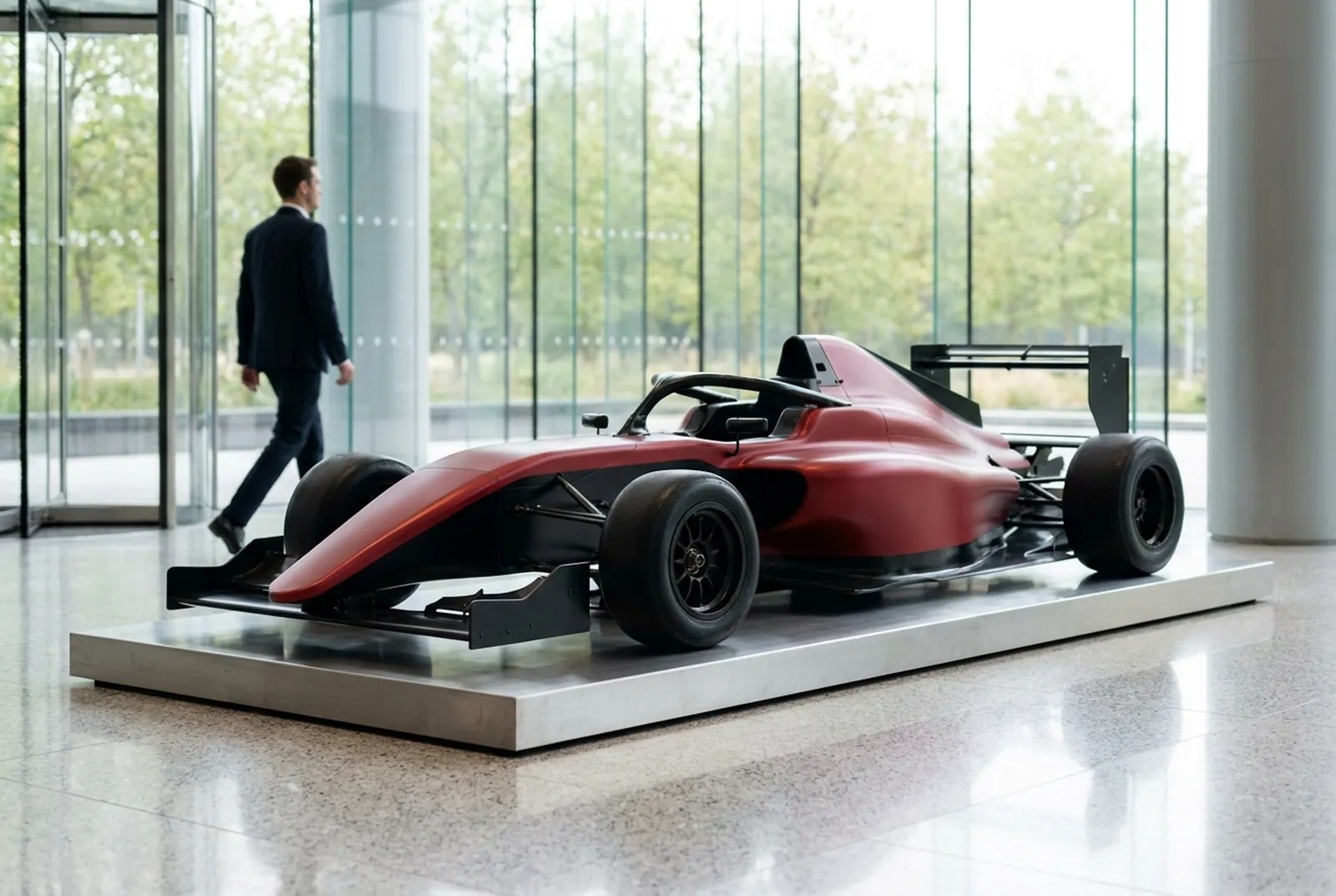 Scaled replica on a plinth in a lobby
