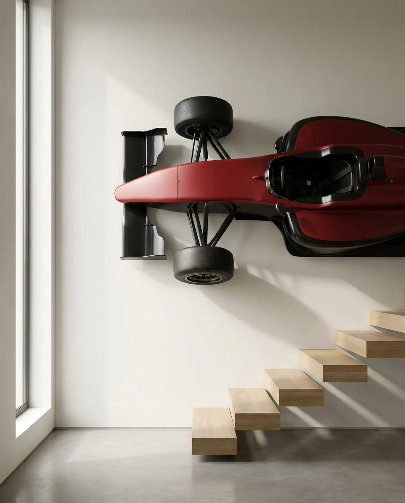 Half-car replica mounted on a wall above a staircase