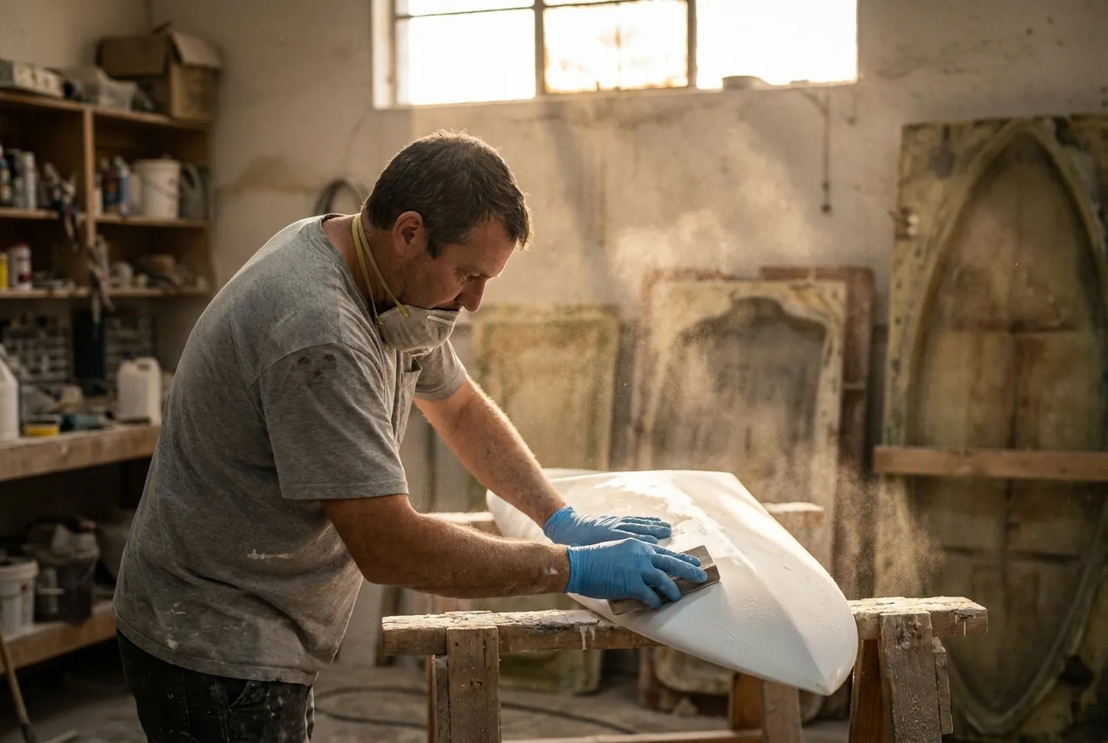 Craftsman sanding a fibreglass shell by hand in the workshop